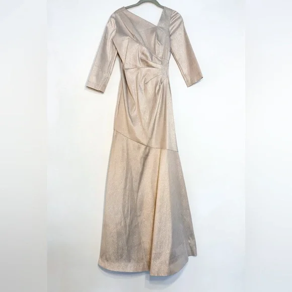 Teri Jon by Rickie Freeman gold metallic gown 3/4 long sleeve formal dress - Picture 3 of 8